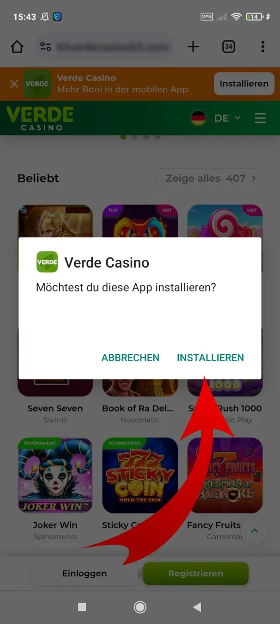 Erlauben Sie die Installation der Verde-Anwendung auf Android.