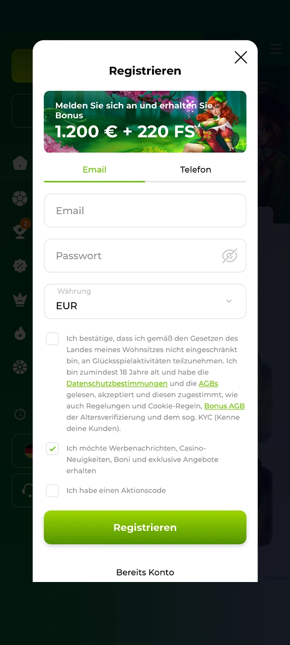 Melden Sie sich in der Verde Casino-App an.