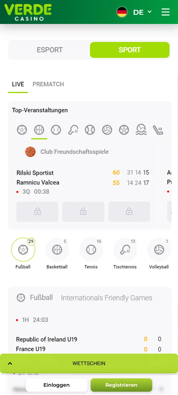 Rufen Sie die Verde Casino-App auf und setzen Sie auf Sport.