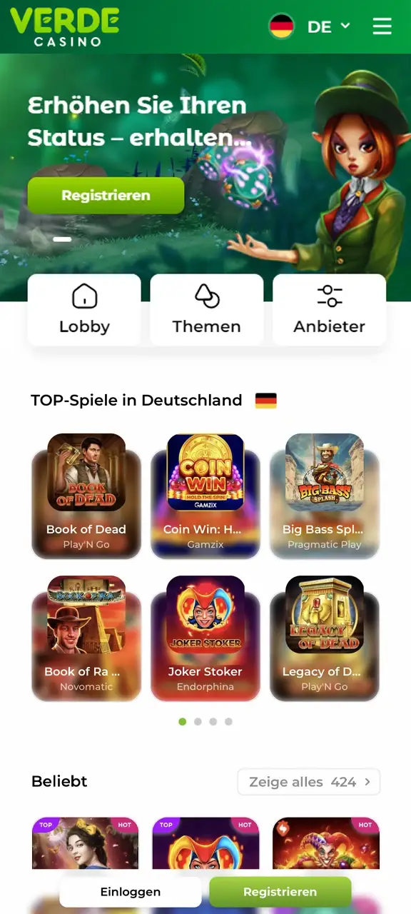 Startseite der Verde Casino-App.