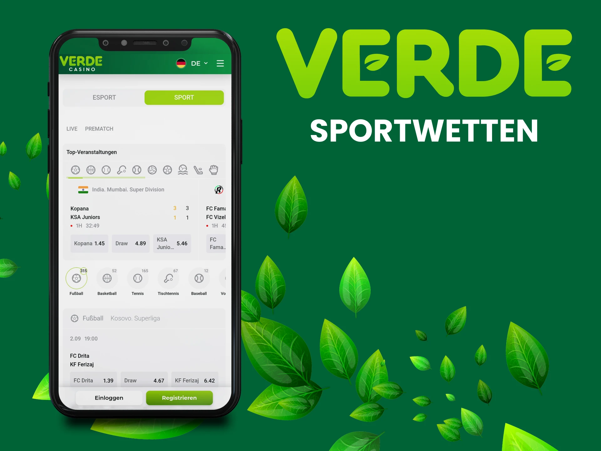 Wetten Sie auf Sport mit der Verde-App.