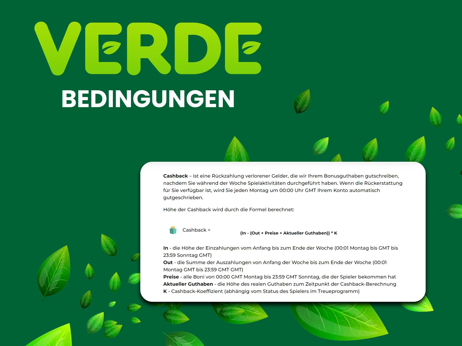 Informieren Sie sich über die Cashback-Bedingungen auf der Verde-Website.