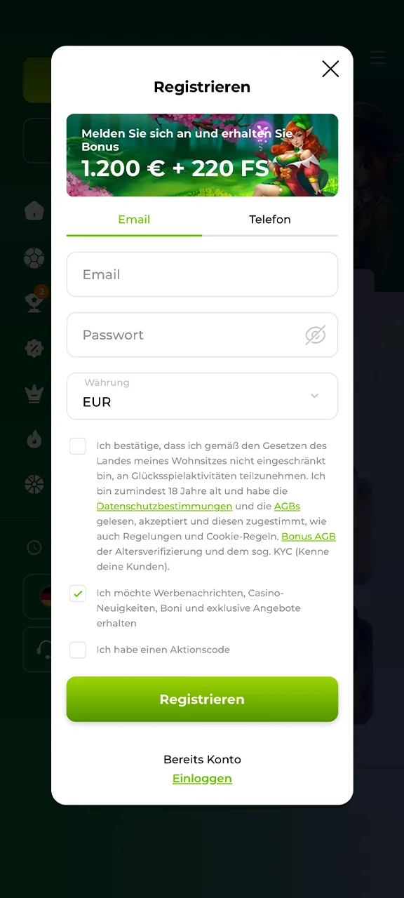 Anmeldung auf der Website des Verde Casinos.