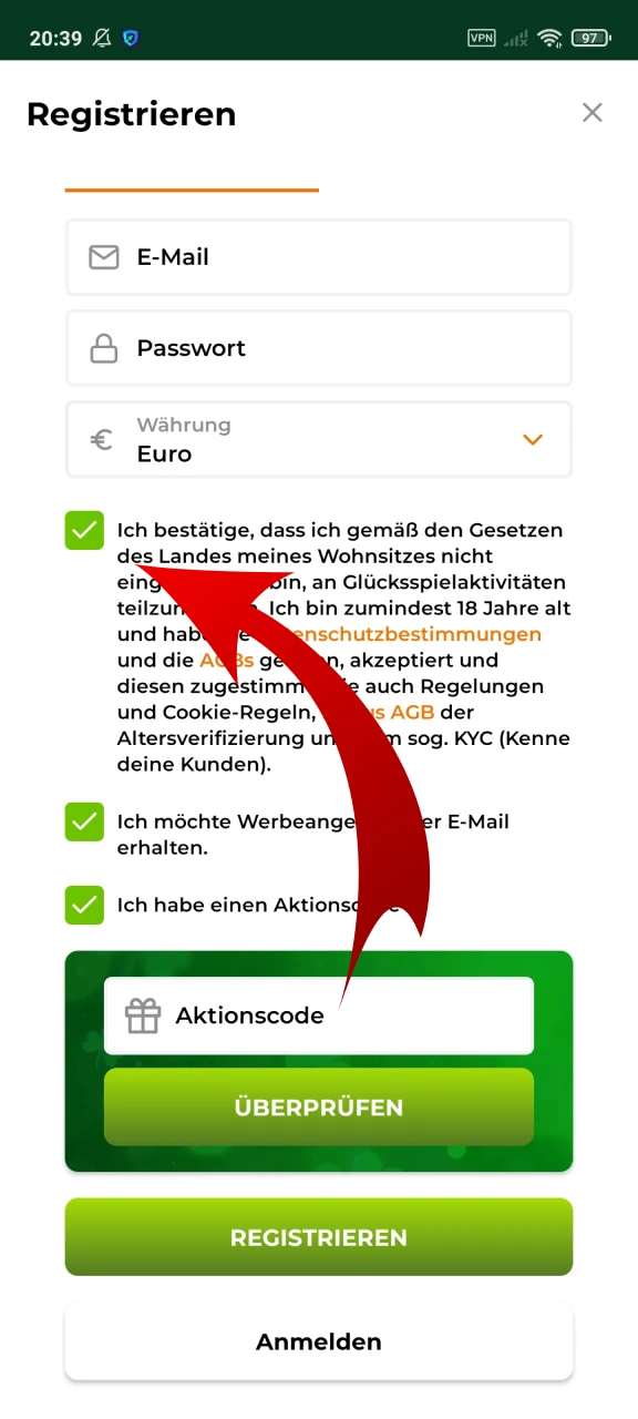 Bestätigen Sie Ihre Daten und Ihr Einverständnis mit der Registrierung auf Verde.