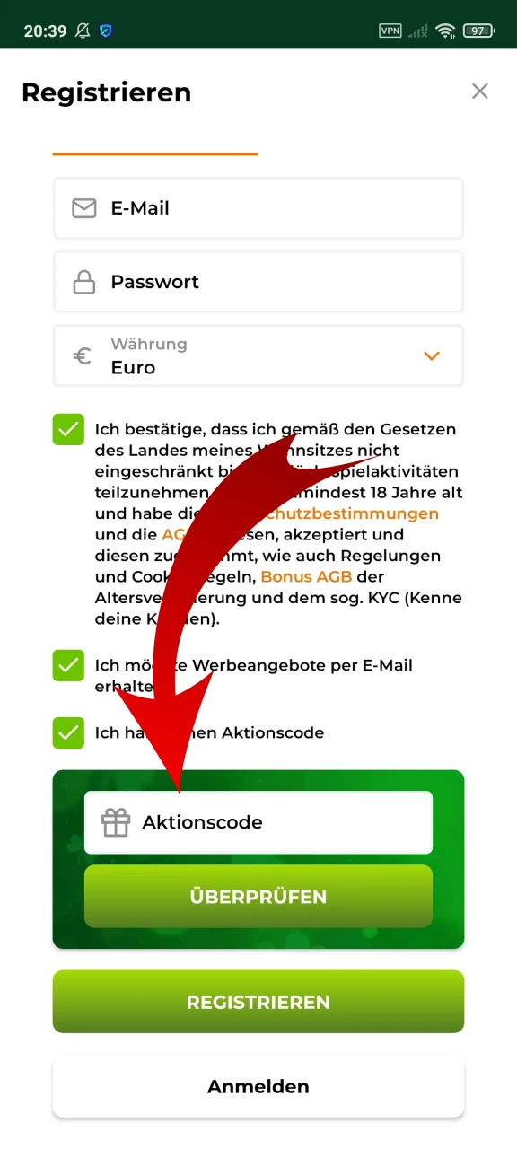 Geben Sie den Aktionscode ein und schließen Sie die Registrierung bei Verde ab.